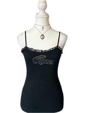 Y2K “Lacoste” Black Lace Trim Rhinestone Logo Ribbed Tank Top